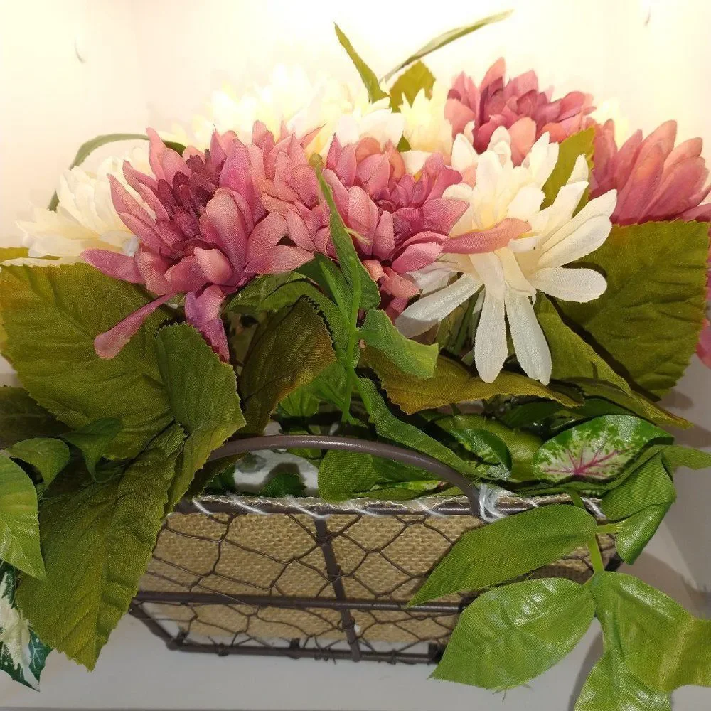 Hand Crafted Floral Table Centerpiece Fall Chrysanthemum Mauve White Basket